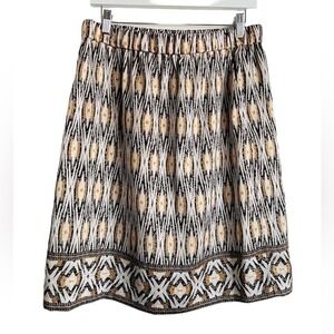 Chico's women's skirt tan brown‎ silky size 1 (m 8) lined tribal pattern Safari